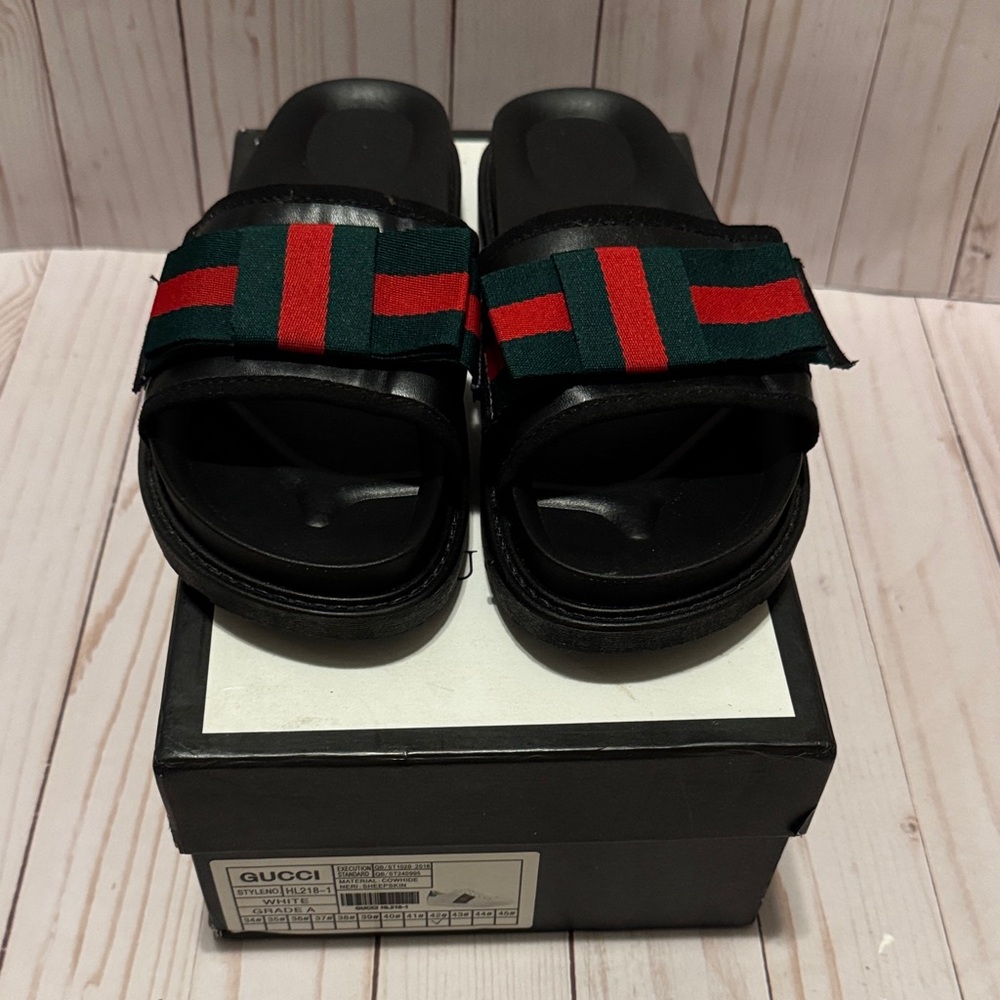 Women’s Black Slides with Green and Red Webbing ribbon